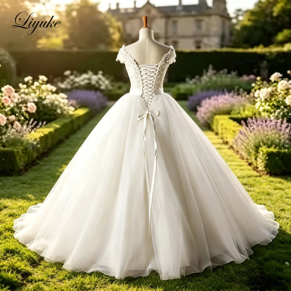 Liyuke Custom Made Gorgeous Applique Tulle A Line Wedding Dress With Lace Up Applique Floor Length Train Vestido De Noiva