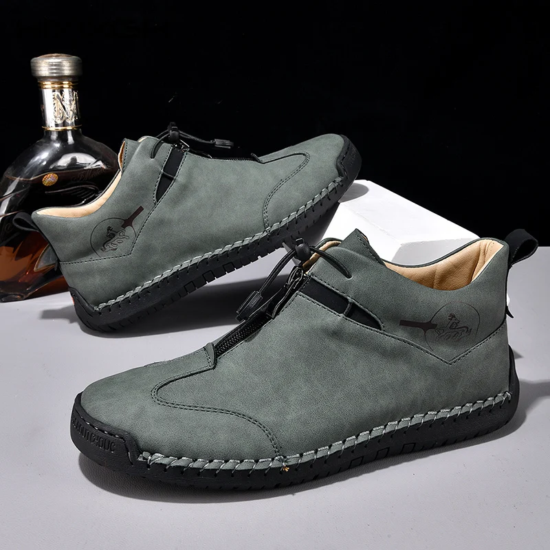 

Men's Comfort Light Ankle Boots Zipper Fashion Autumn Rubber Sole Round Toe Handmade Brogue High Top Big Size Casual Shoes