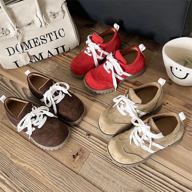 

Новинка 2025 года, замшевые туфли-лодочки на шнуровке с круглым носком на плоской подошве, однотонная модная удобная пикантная элегантная женская обувь, новейшая кожаная обувь