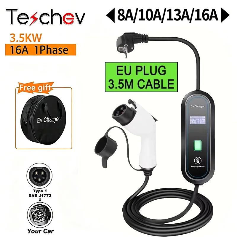 3,5kW 16A Draagbare EV-lader Type 2, Schuko Stekker Huishoudelijke Elektrische Autolader met LCD-scherm, Snellaadkabel voor alle Type 2 EV's