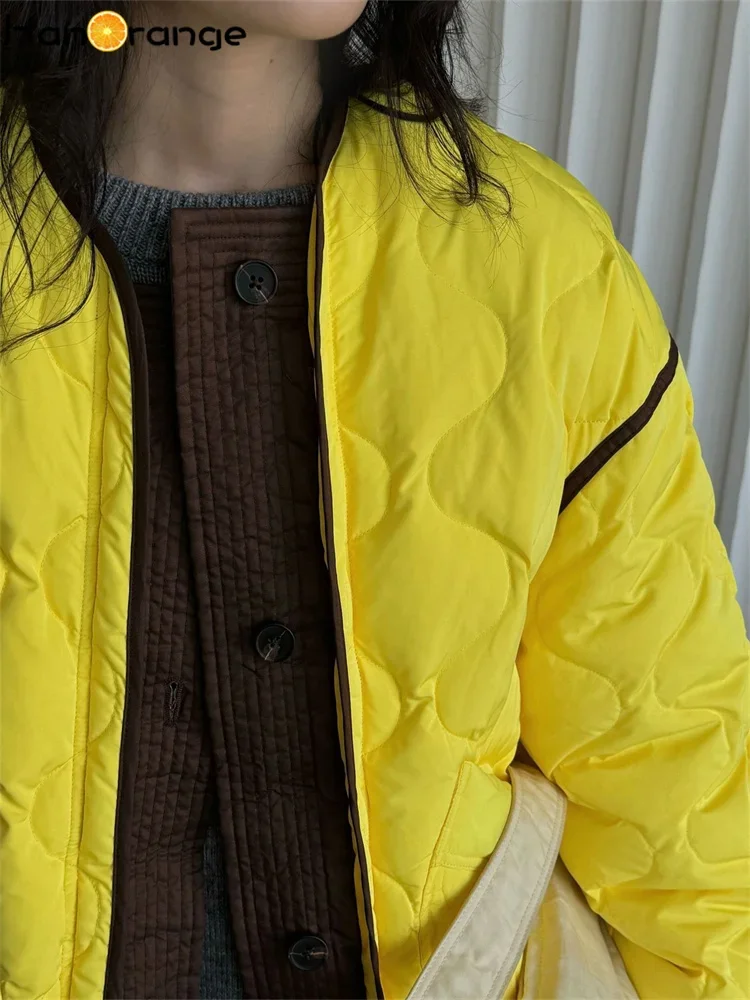 HanOrange 2024 Winter Fashion Contrasting Jacket Women 90% Duck Down Warm Comfortable Cotton-Padded Jacket Yellow/Smog Blue