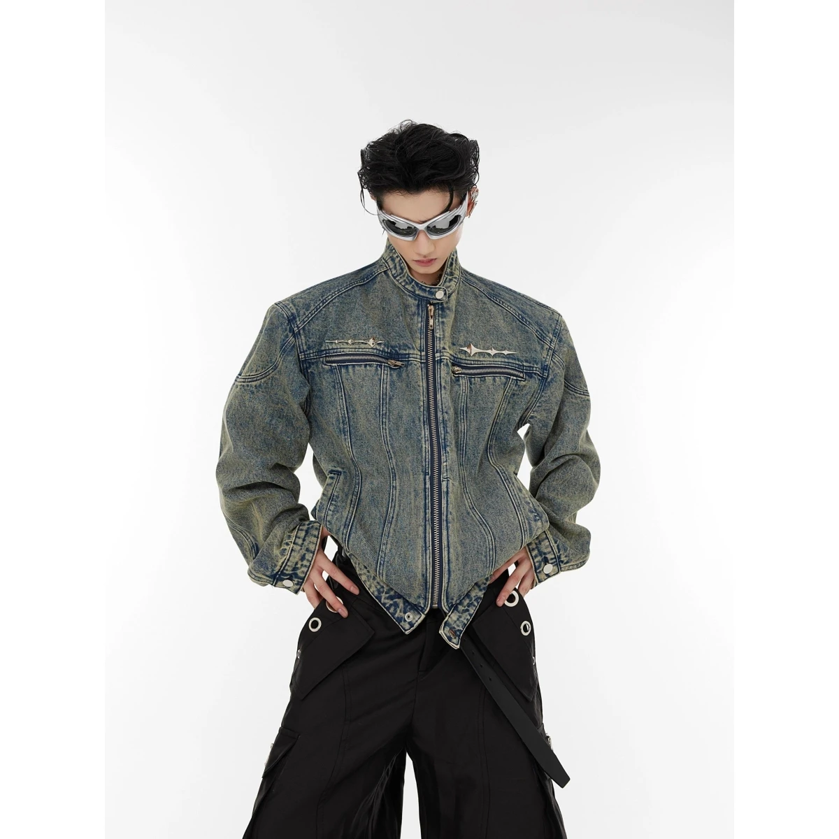 Rugged Slim Fit Men's Denim Jacket Heavyweight American Style Washed in Fashion Stand Collar Hip Hop Trendy Casual Coat
