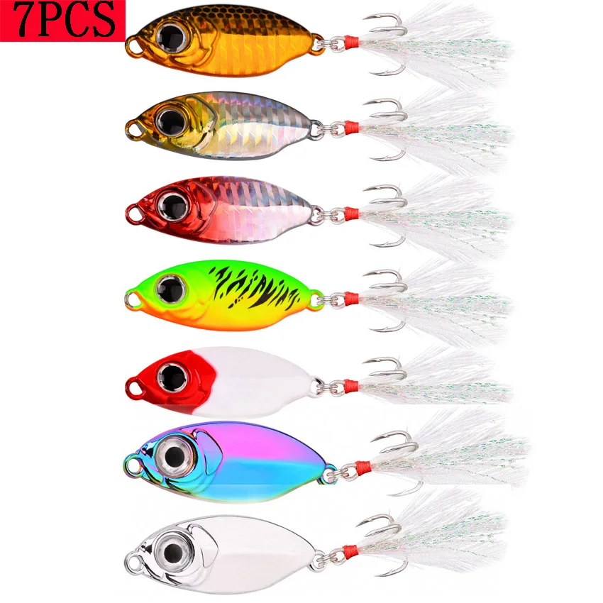 7PCS Metal Gabarito Iscas De Pesca Set 10g 15g 20g 30g Shore Casting Swimbait Colher Fishhooks Isca Artificial LAKE Ocean Tackle Pesca