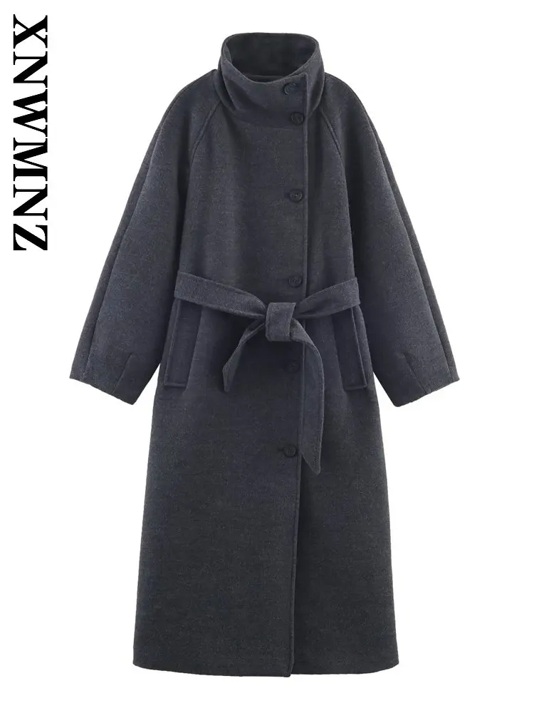 

XNWMNZ 2025 зимнее женское шикарное повседневное твидовое пальто с длинным рукавом и воротником-стойкой, модное винтажное осеннее женское серое толстое пальто с поясом
