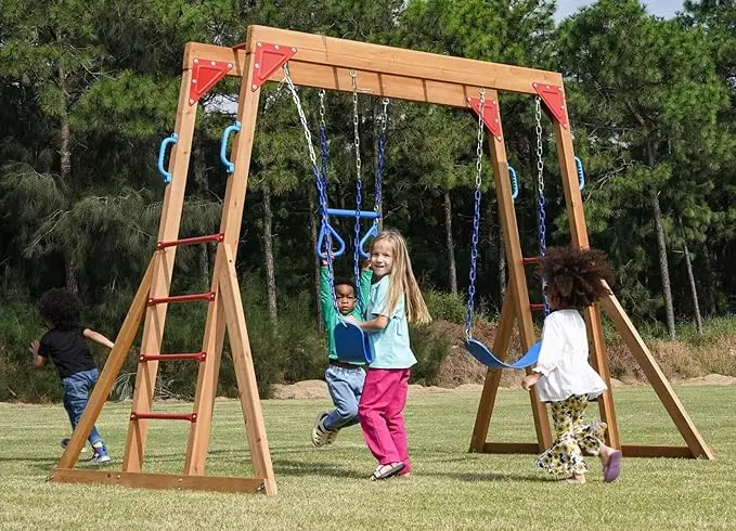 Wood Swing Sets, Kids Outdoor Play Equipment, Outdoor Playset for Kids with Trapeze Swing Bar and 2 Belt Swings, Playground Kids