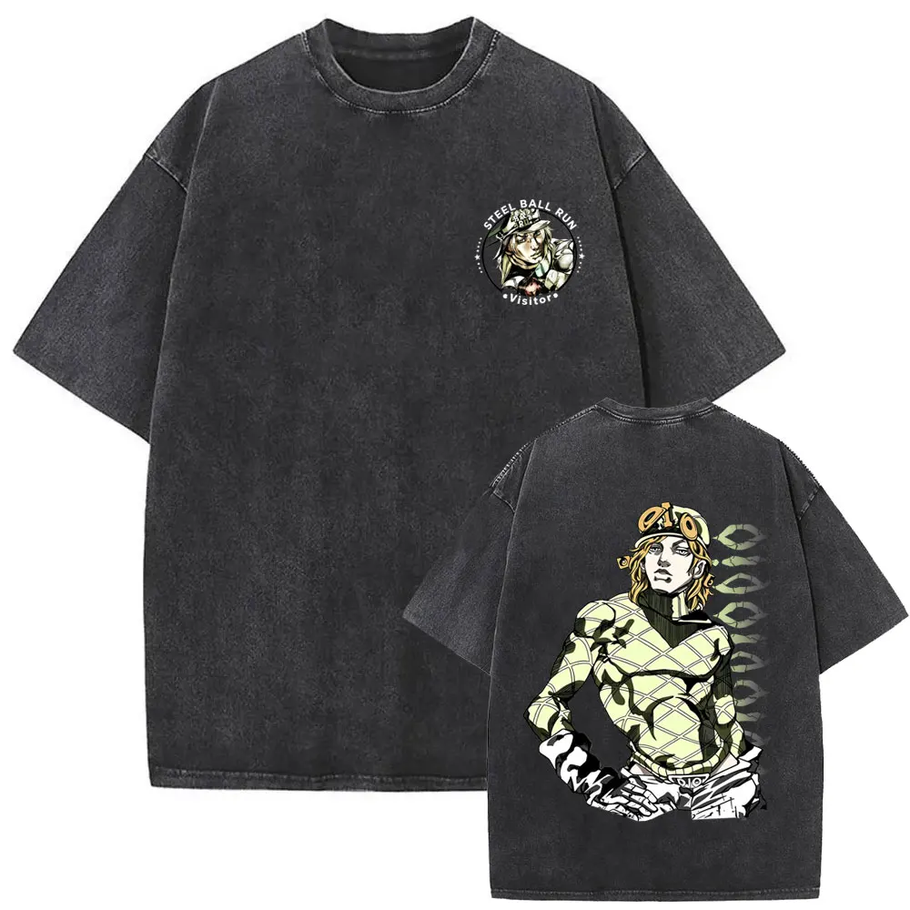 Washed Vintage Anime Jojo Bizarre Adventure T-shirt Manga Higashikata Josuke T Shirts Men Women Cartoon Retro Oversized T-shirts view 4