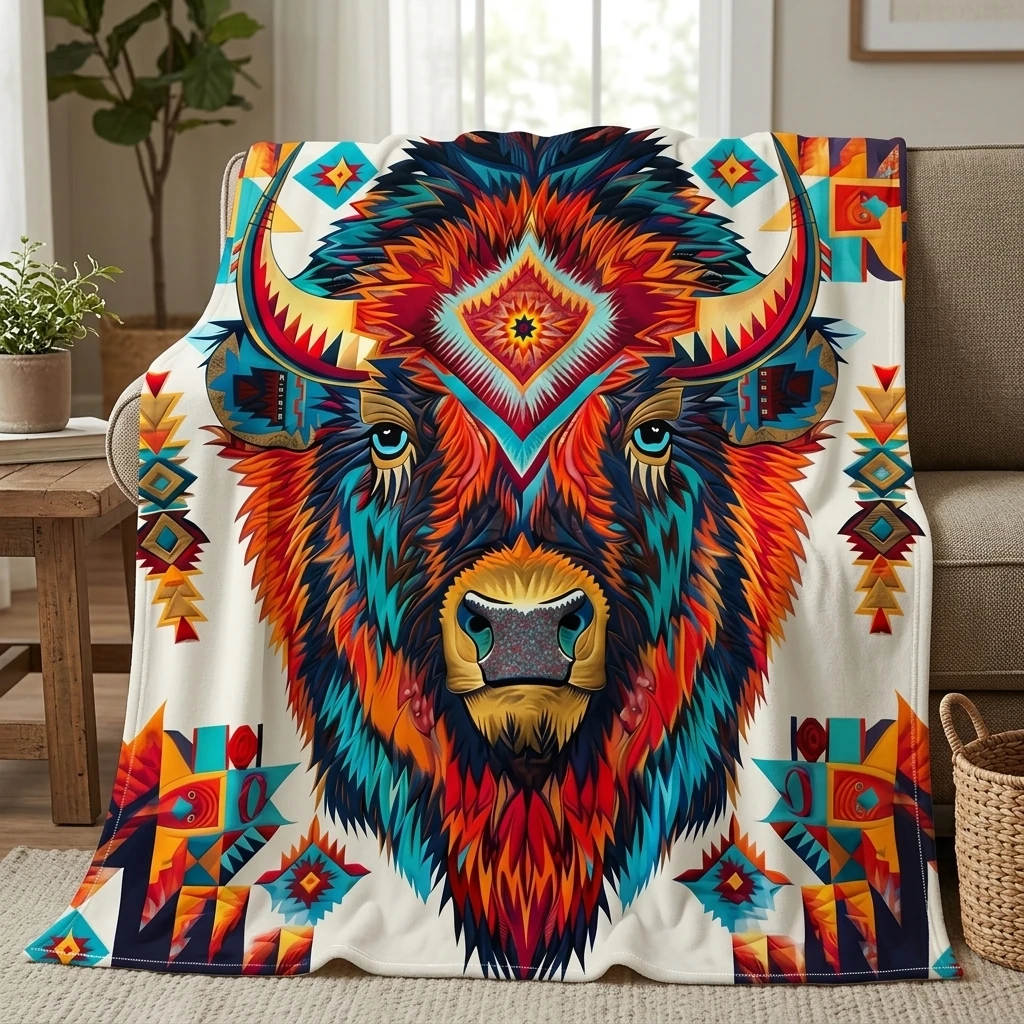 1PC Bohemian Aztec Bison Portrait Thick Flannel Throw Blanket, Soft Warm Portable Throw, Perfect Gift for Adults Boys Girls