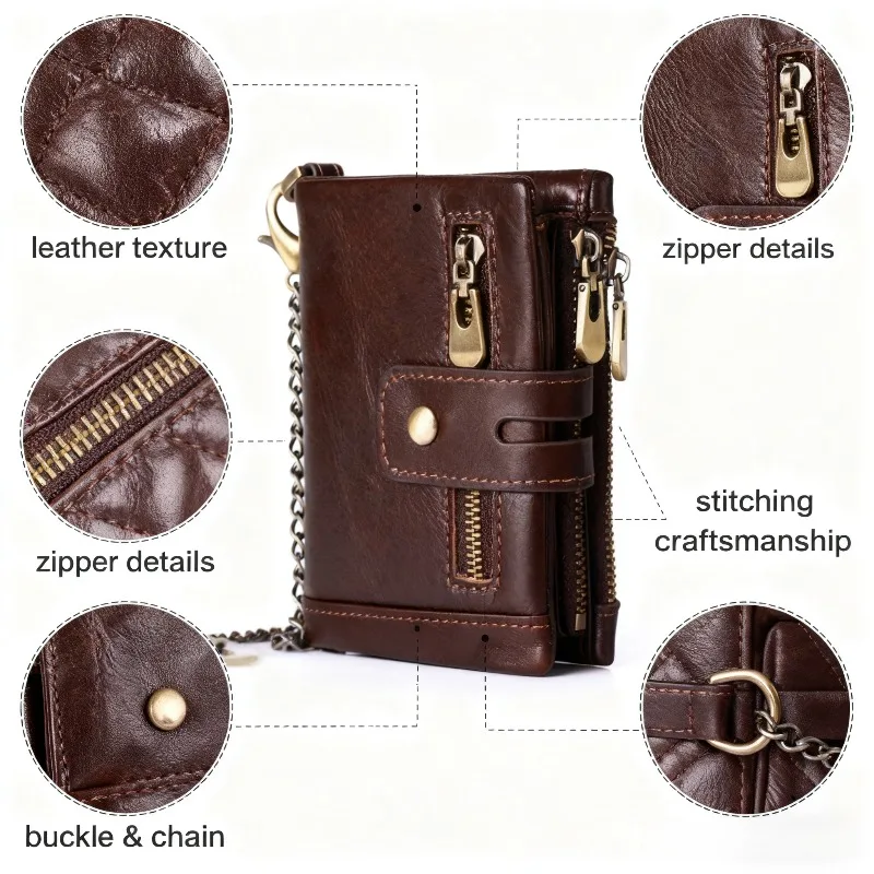 

RFID - Blocking Leather Bifold Wallet with Chain Multifunctional Zipper Coin Purse for Men's Daily Use