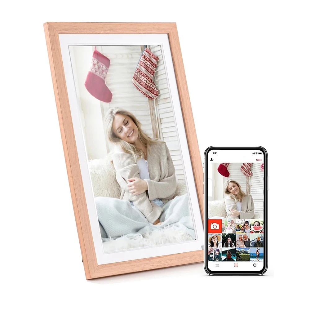 WiFi Smart Digital Photo Frame 15.6 Inch with IPS HD Touch Screen Wood Easy Setup to Share Photos or Videos Remotely Via App