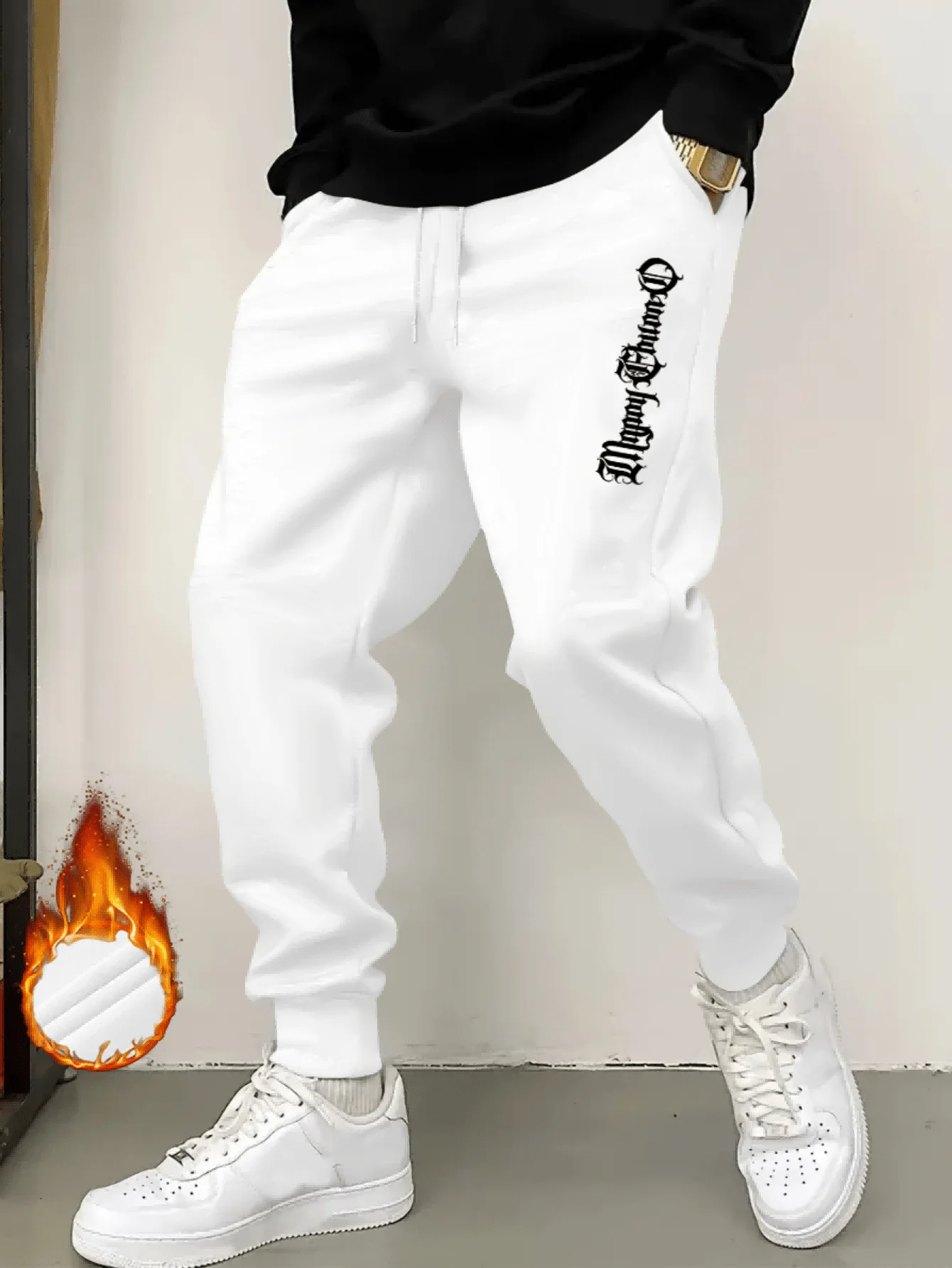Vertical gothic old‑english font phrase leg‑side graphic print sweatpants for men hip hop sports jogger trousers