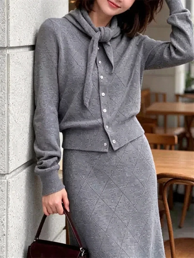 Women O-Neck Single Breasted Cardigan Knitted Sweater ,triangular Scarf or Straight Knit Midi Skirts Gray Argyle Set