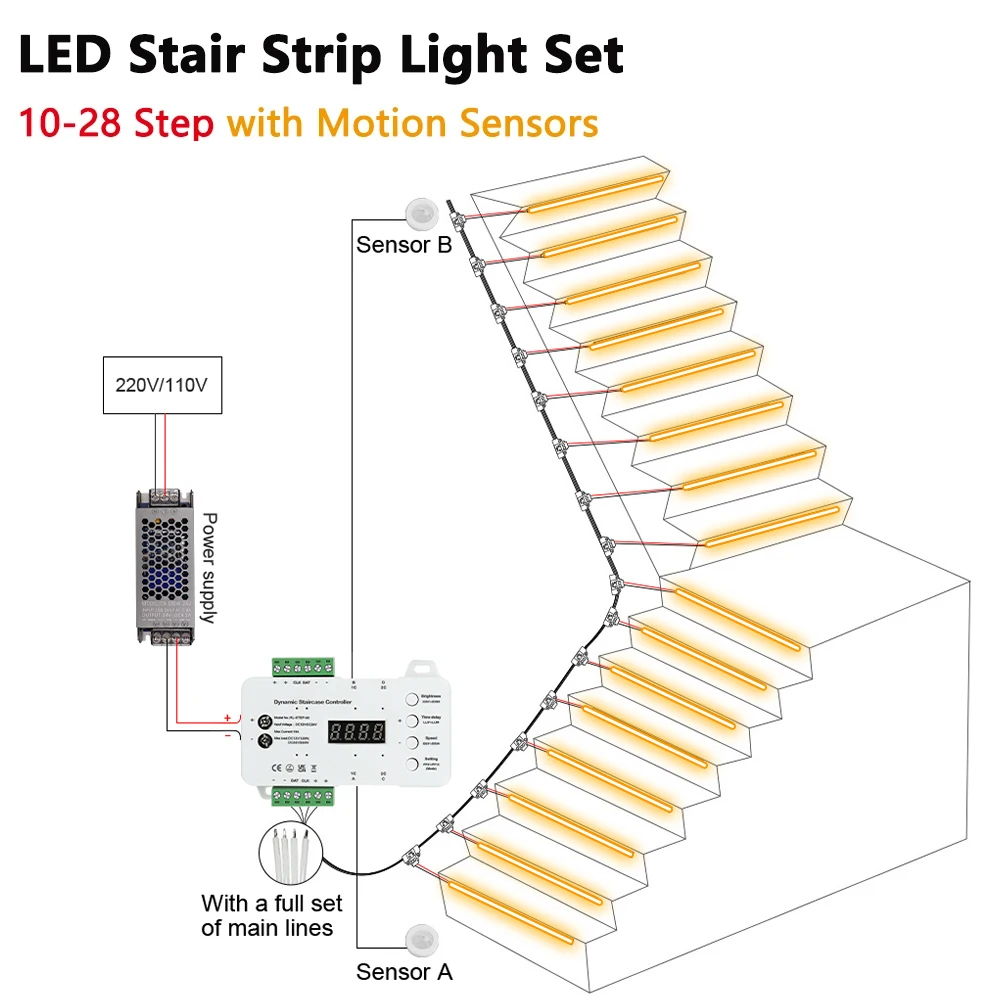 Tira de luces LED con Sensor de movimiento para escalera, iluminación de 10-28 escalones, fácil instalación