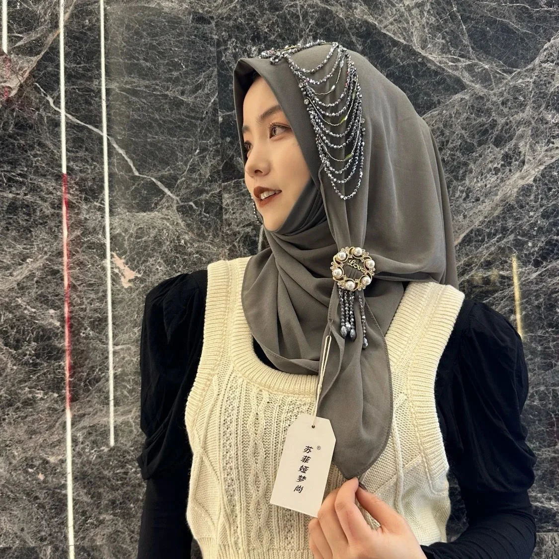 

Handmade Beading Tassels Muslim Wrap Convenient Party Hijabs