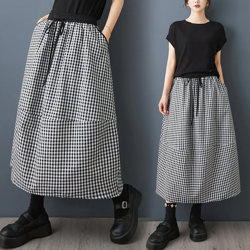 

Summer New Plaid Bloomer Skirt Cotton Linen Casual Dstring High Waist Commute Sle mid Length A-Line Skirt