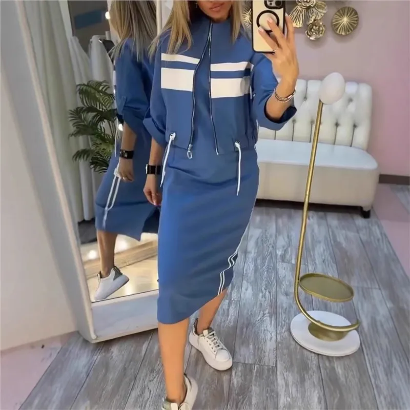 Fashion Sports Dress Women's Set Striped Printed Jacket Drawstring Short Coat + Straight Dress Two-piece Set Casual Sportswear image 4