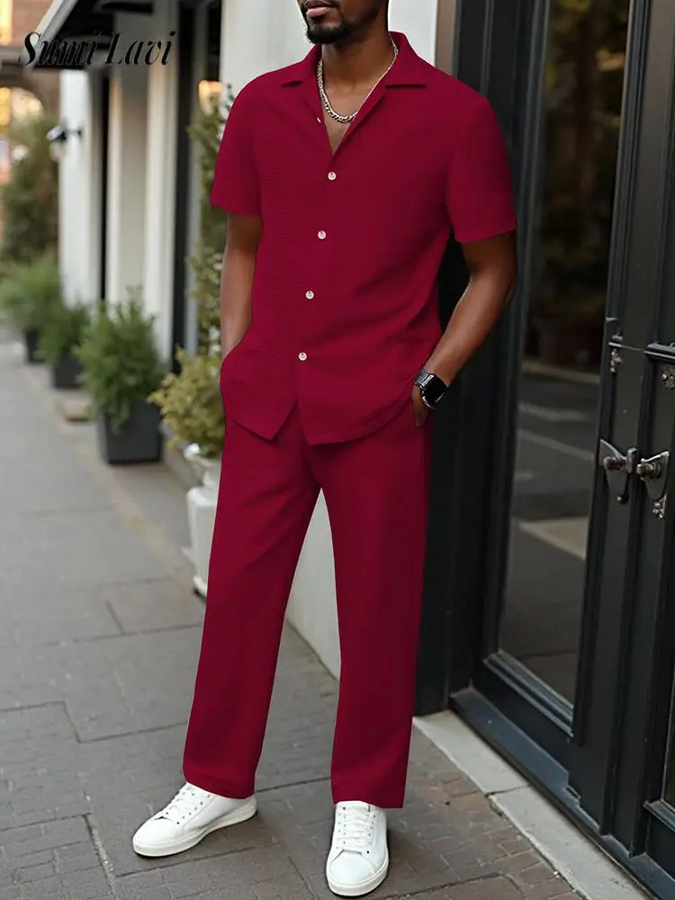 

Стильные мужские комплекты из двух предметов на весну-лето 2026: однотонные рубашки с коротким рукавом и брюки, повседневные пляжные костюмы для мужчин