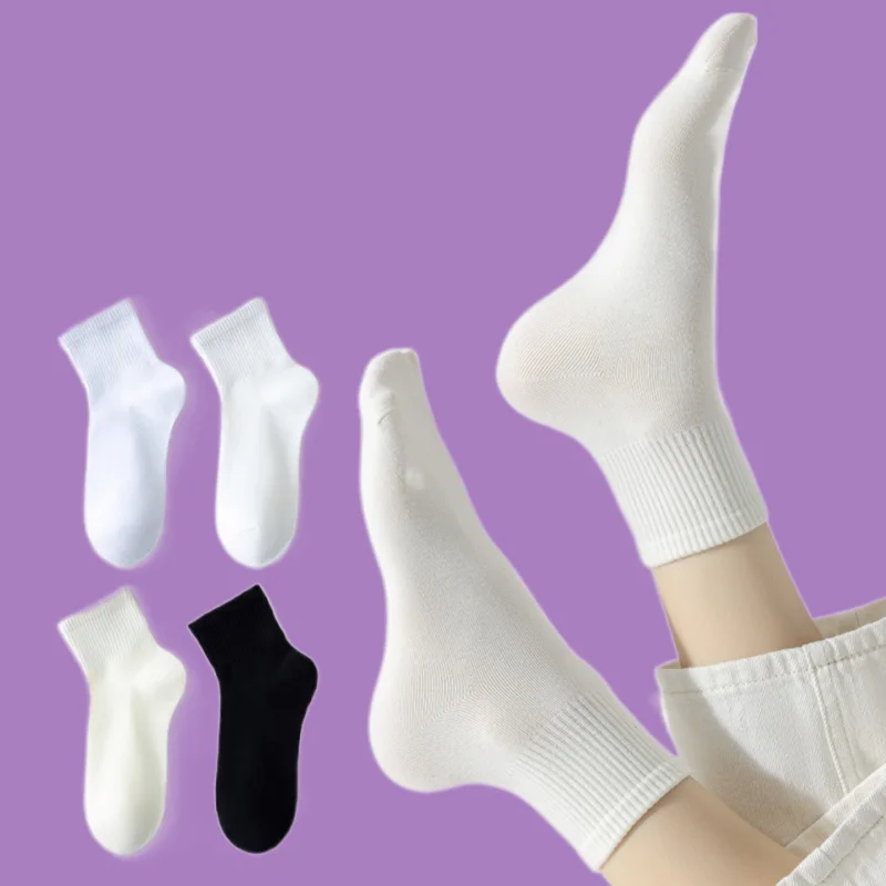 2/5 Pairs New Summer Sweat-absorbing Women's Spring And Summer Low-top Mid-tube Socks White Women's Mid-short Tube Casual Socks