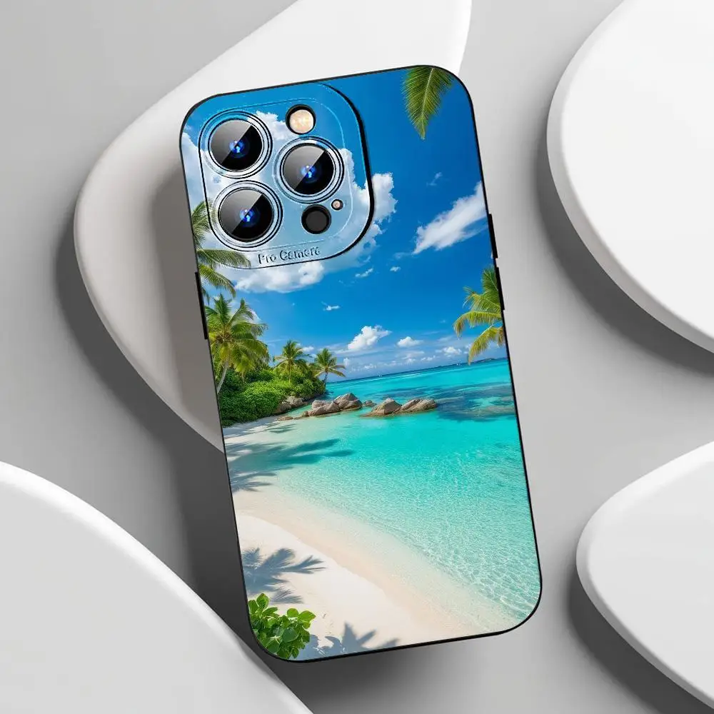 حافظة هاتف أنيقة على الشاطئ باللون الأسود لهاتف iPhone11/12/13/14/15 16 17 Pro Max Pro Plus حافظة هاتف، هدية رائعة