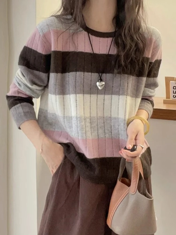 

Модный полосатый вязаный топ с цветовыми блоками, базовый слой, корейский стиль, с длинными рукавами, круглым вырезом, свитер, индивидуальный дизайн, осенний.