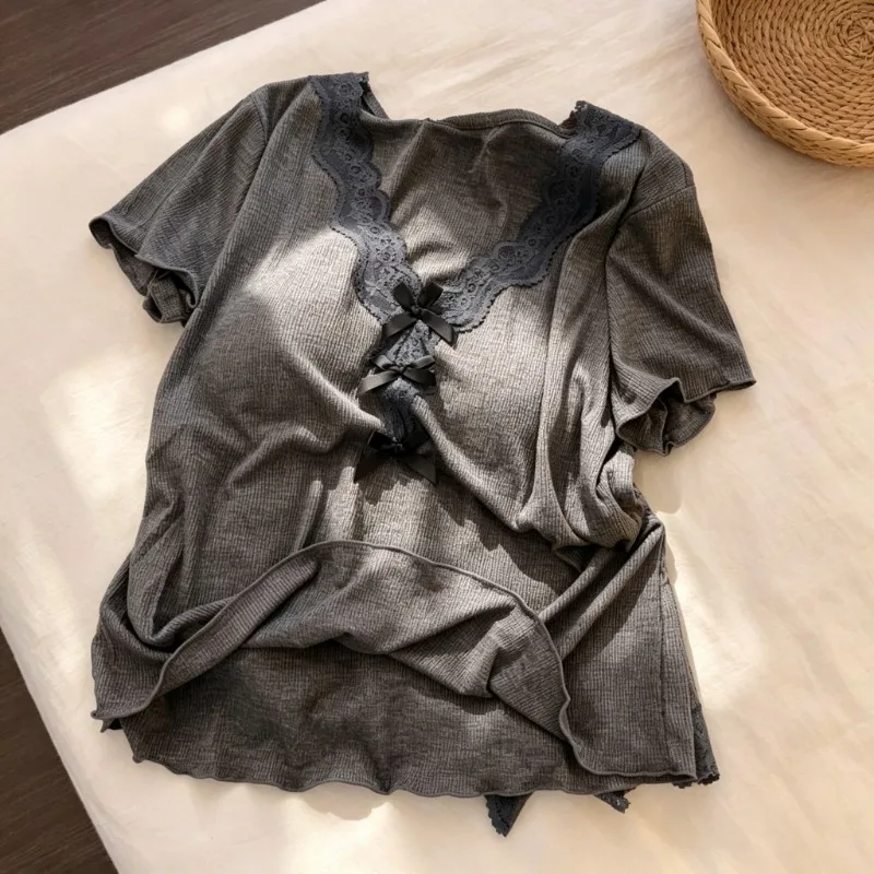 Pajama Set Elegant Women Lace Trim Summer V Neck Bow Sleepwear Two Piece Suit Casual Ladies Summer New 2026 Homewear Loungewear
