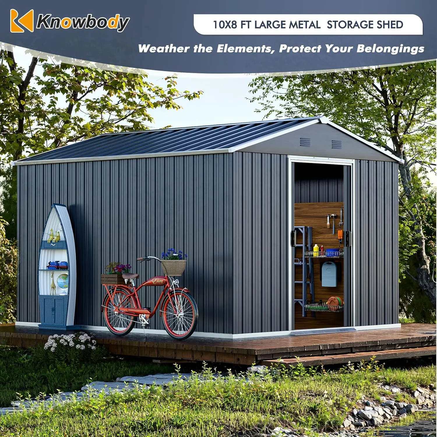 10x8 FT Outdoor Storage Shed Large Metal Garden Tool Shed Sloping Roof Lockable Door Backyard Patio Lawn Grey, Customized