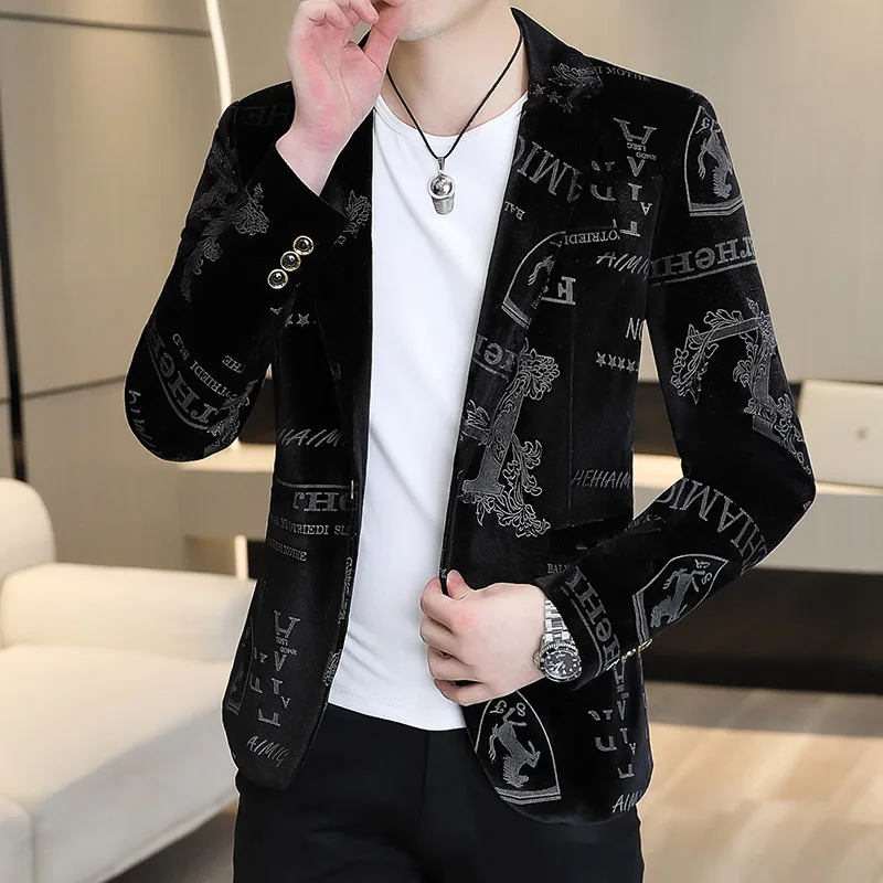 Markowa odzież luksusowa kurtka aksamitny garnitur męska moda brązująca marynarka z nadrukiem męska Slim Fit Casual Business