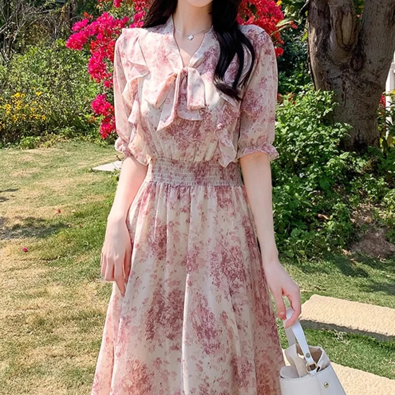 Mooie bloemen chiffon lange jurk kantoor dame zoete elegante vrouwen ruches bladerdeeg mouw elastische taille lint strik knoop Koreaanse Y2K