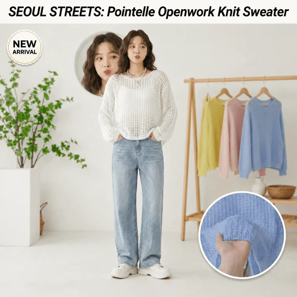 Korean Thin Hollow Out Mesh Sweater Pullovers O Neck Lightweight Crochet Knit Sweater Soft Long Sleeve Knitwear Sweater Summer