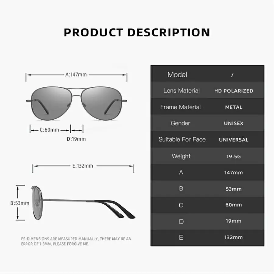 Modische Photochrome Polarisierte Sonnenbrille für Männer und Frauen Vintage Eckige Sonnenbrille Markendesigner Fahr- und Angelbrille – Detail 4
