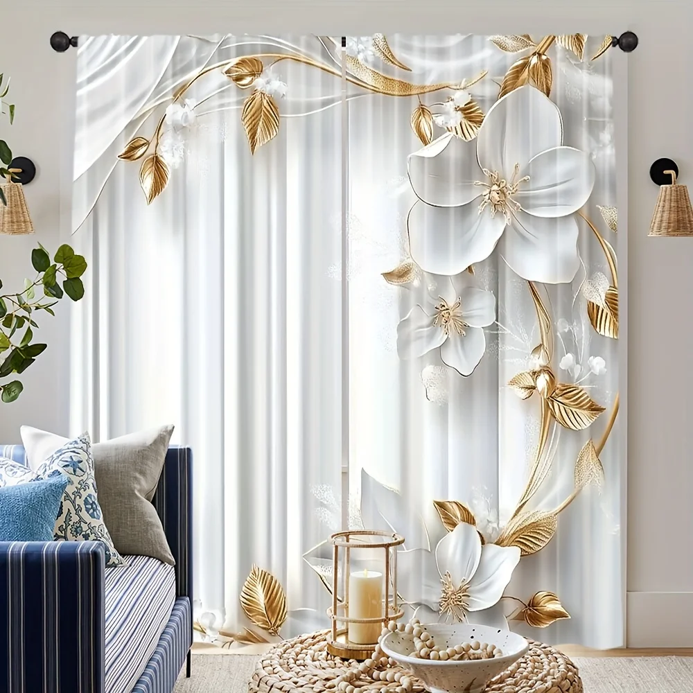 2pcs Elegant White Floral Print Sheer Polyester Curtains with Gold Accents & Rod Pocket,for Bedroom, Living Room, Kitchen & More