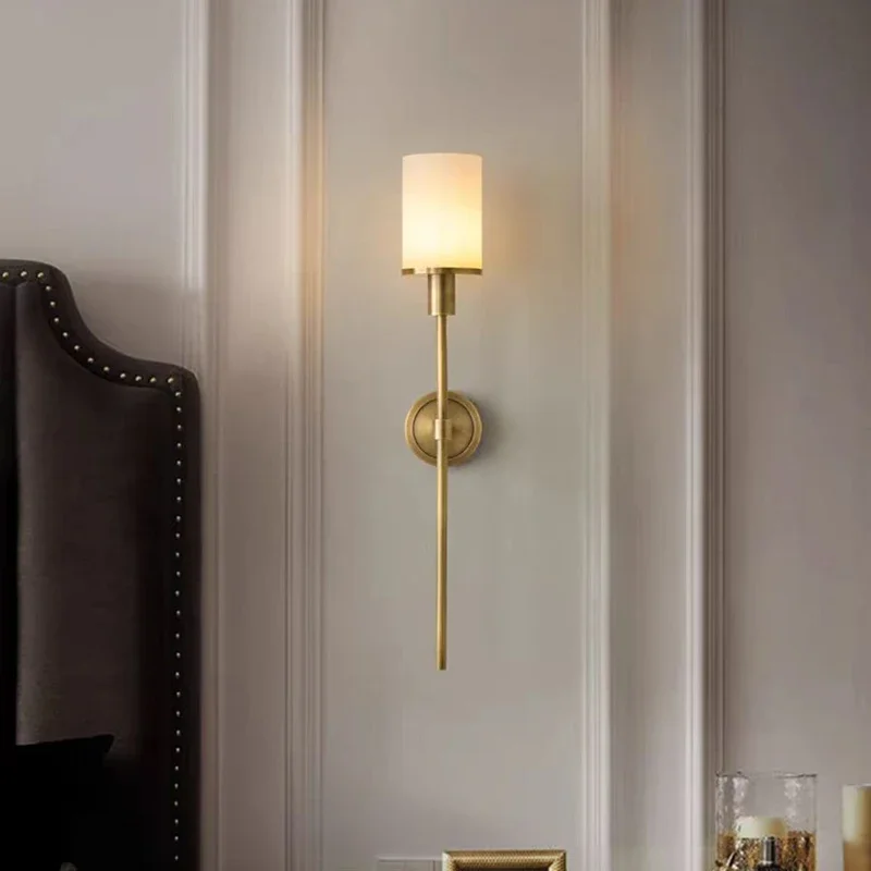 Vintage Brass Wall Lamp Living Room Dining Hall Bedroom Natural Marble Wall Lights Led E14 Bulb