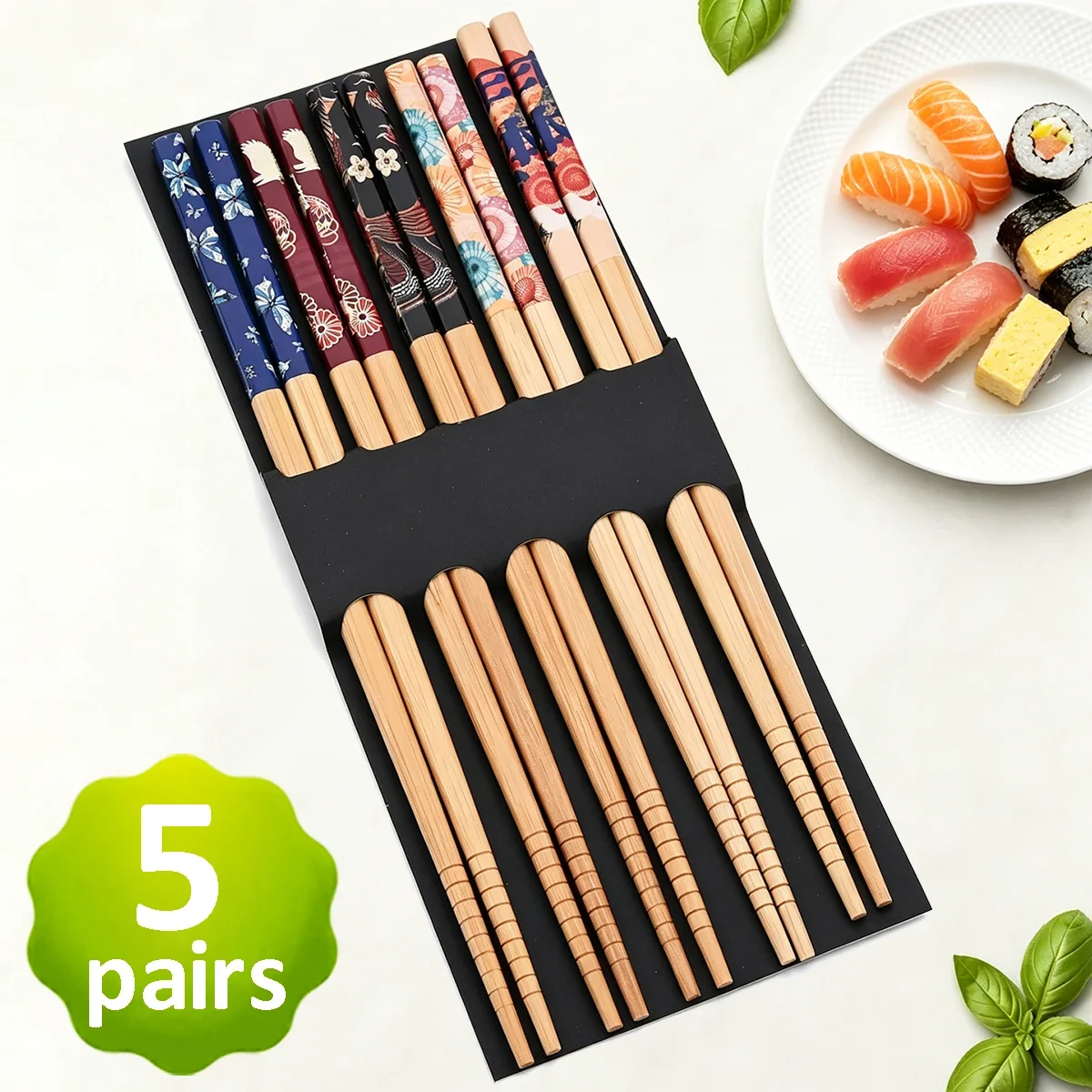 5 Pairs Bamboo Chopsticks Set Japanese Floral Print Non‑Slip Reusable Chopsticks for Sushi Home Dining Gift