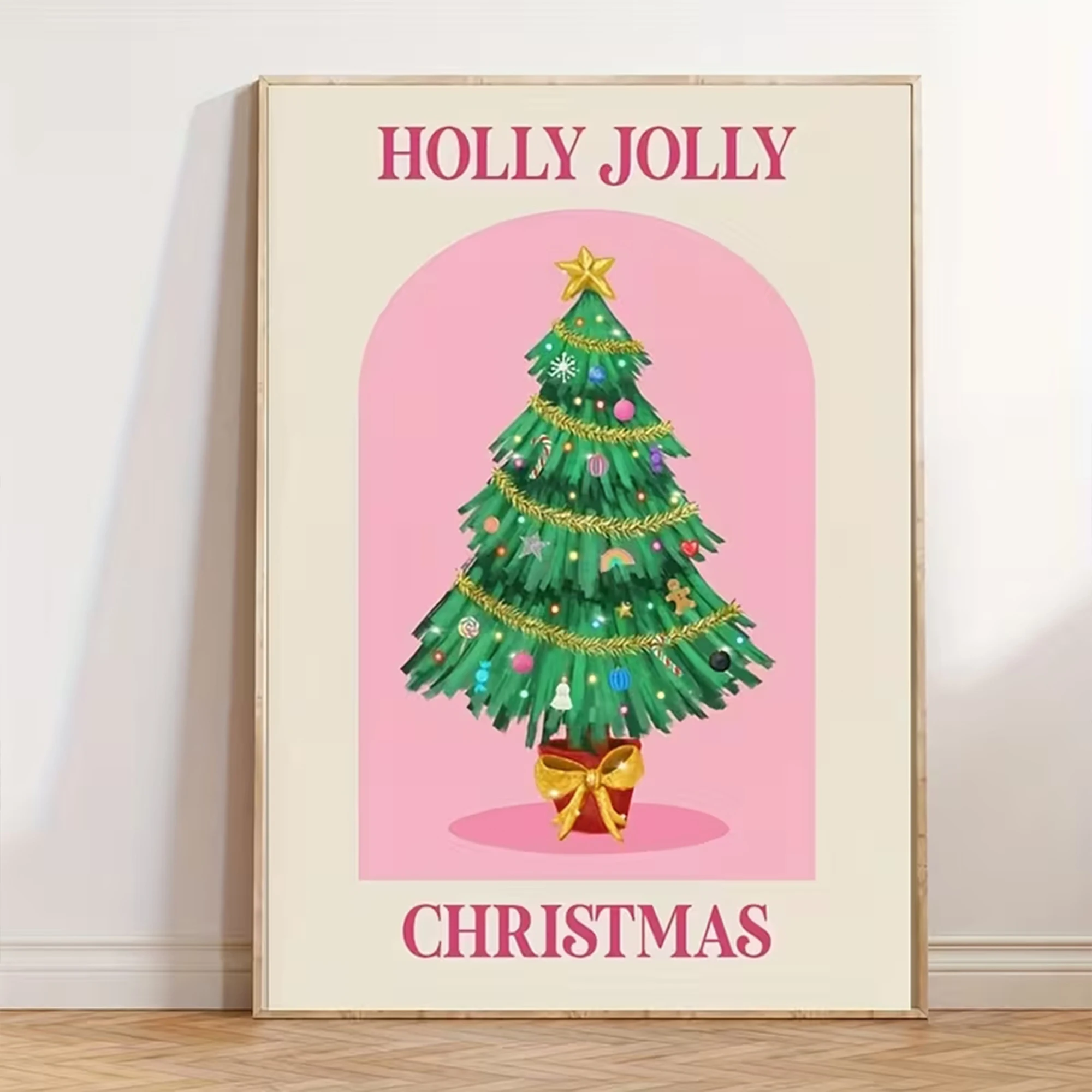 Modern Pink Holly Jolly Christmas Wall Art Print Canvas Painting Poster Picture For Bedroom,Living Room Home Decor