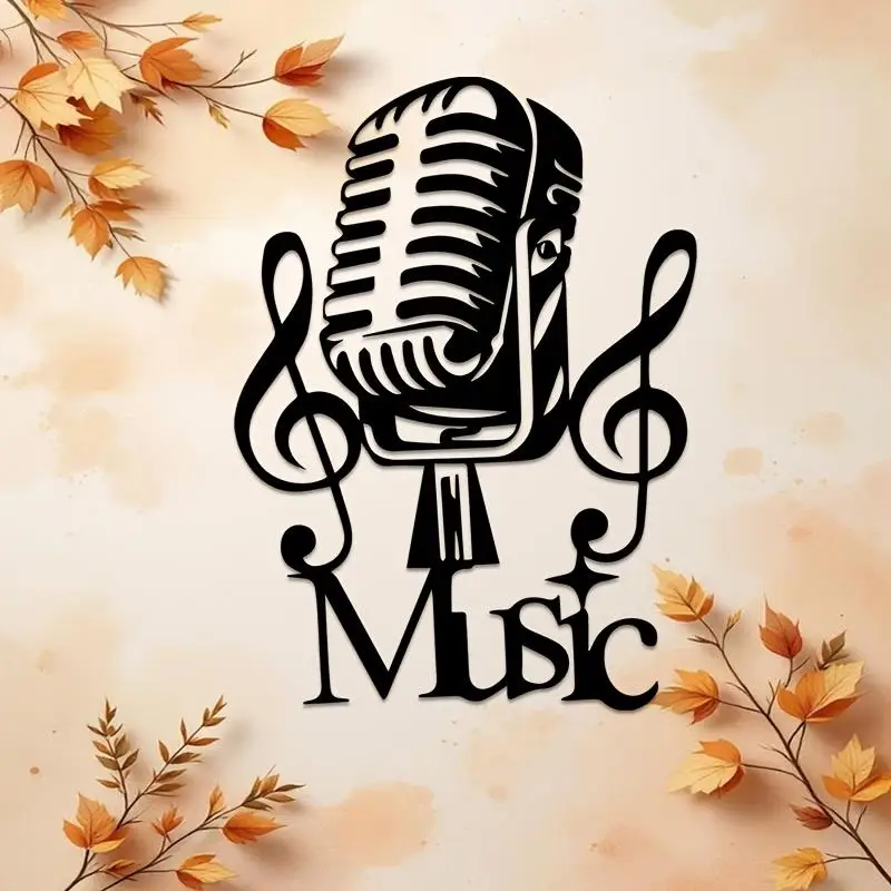 2D Flat 1pc Iron Music Microphone Wall Art, Hanging Decor for Room Studio