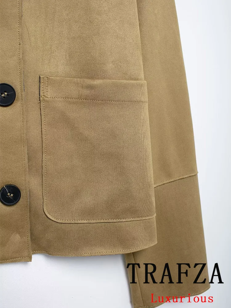 TRAFZA Vintage Chic Kurtki damskie Khaki Solidny długi rękaw Jednorzędowe kieszenie Krótkie płaszcze Nowa moda 2024 Jesienna odzież wierzchnia