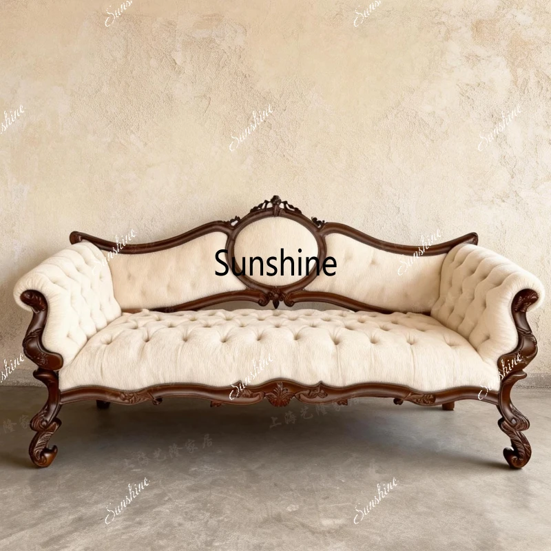 

French old sofa light luxury retro solid wood carving flower fabric living room furniture