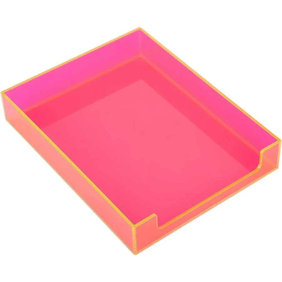 منظم صينية ورق أكريليك وردي نيون للمكتب مع تخزين مستندات A4 وحامل المجلات وصينية فرز الحروف المدمجة لـ #2