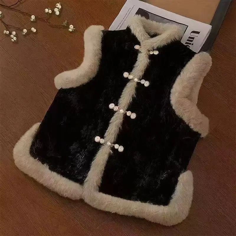 Winter New Chinese Style Chi-pao Vest Women's Thicken Velvet Sleeveless Coat Festive New Year Tops Vest Traditional Button Qipao