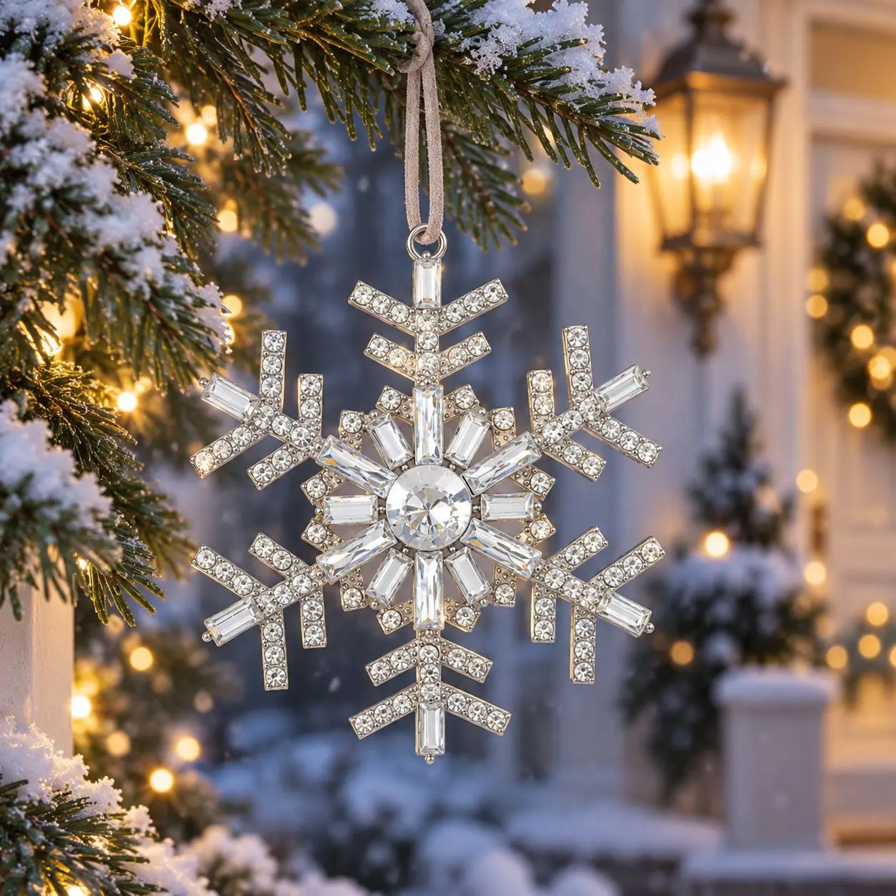 Silver Snowflake Christmas Tree Ornament, Zinc Alloy Rhinestone Hollow‑Out Pendant, Festive Home Window Hanging Decoration