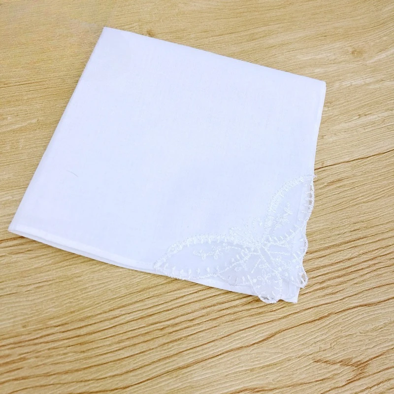 12 ชิ้น 28 ซม. ผ้าฝ้ายแท้ ผ้าเช็ดหน้าลูกไม้สีขาวบริสุทธิ์