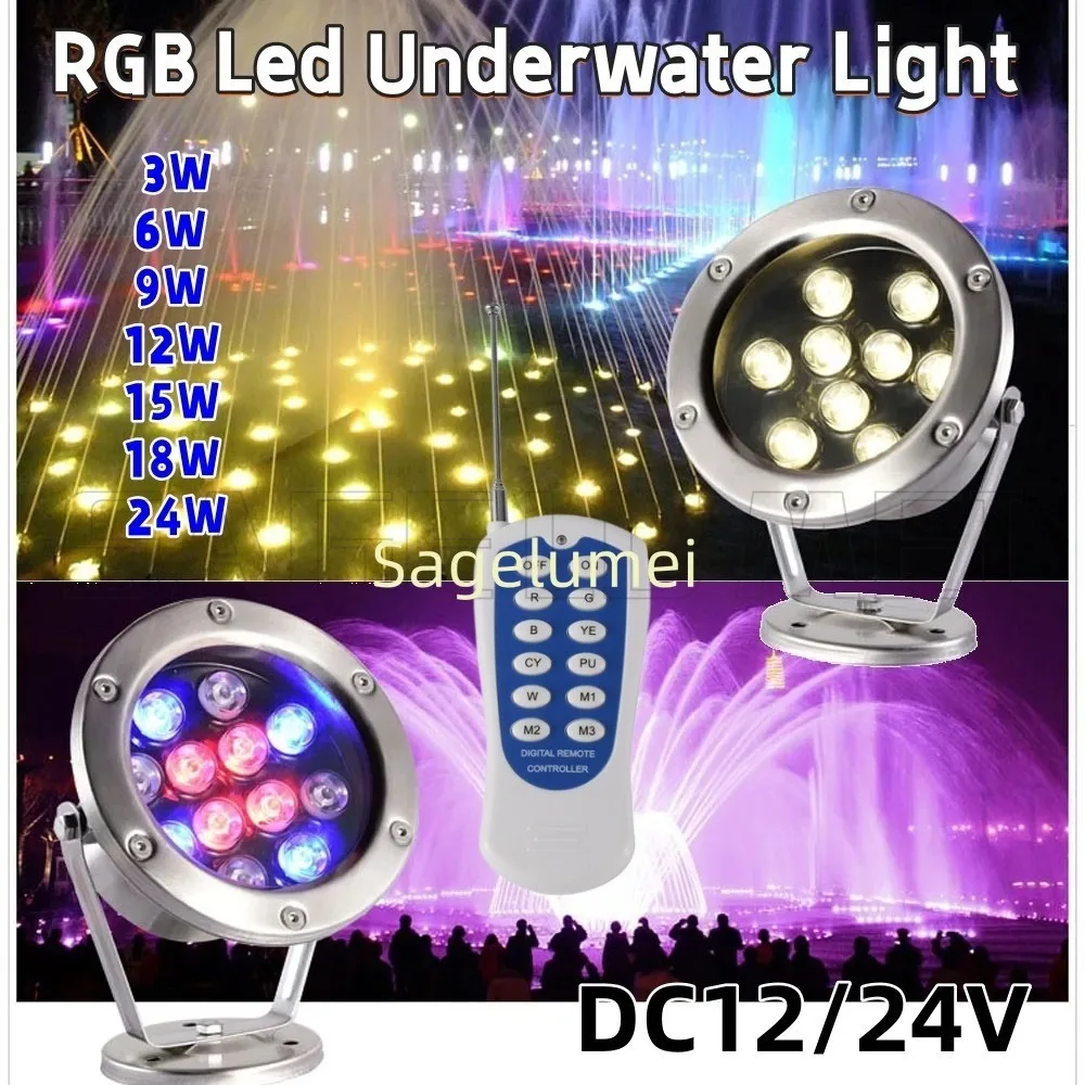 

Подводные светодиодные светильники DC12V/24V RGB 3W 6W 9W 12W 15W 18W 24W для наружного освещения сада, ландшафта, бассейна с пультом дистанционного управления