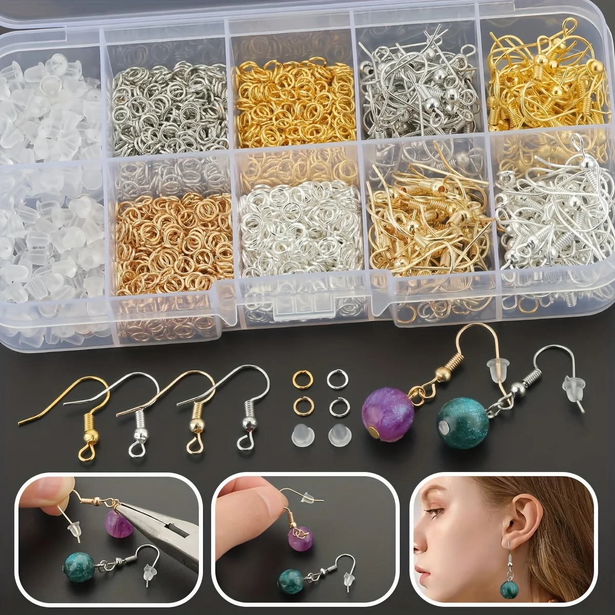 1960 PCS/BOX Jewellery Making Parts Set, Ear Hooks & Open Rings
