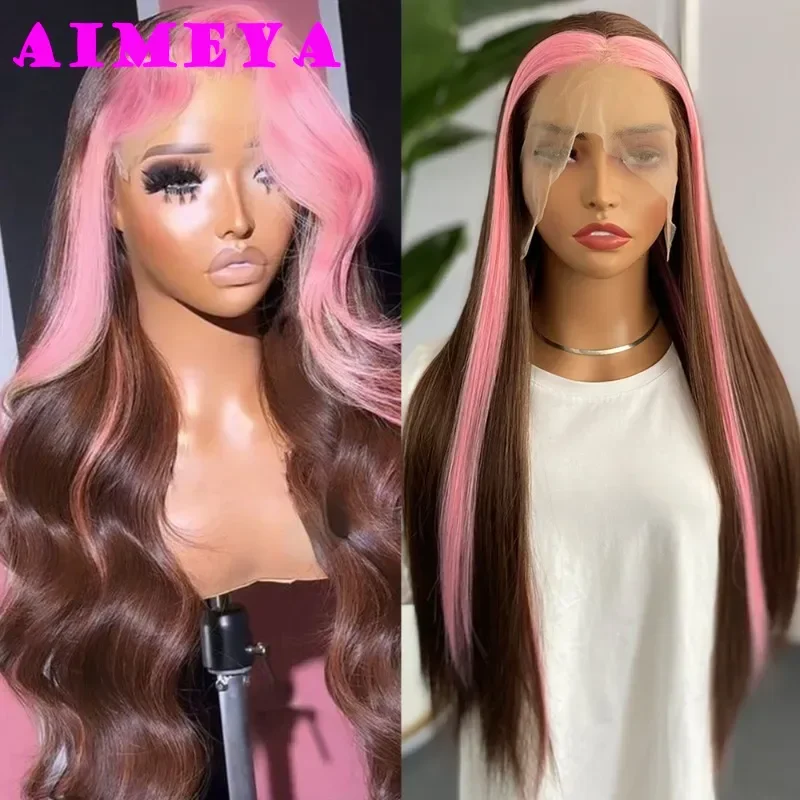 AIMEYA peluca con reflejos rosas, peluca con malla frontal ondulada de cuerpo largo marrón, pelo de encaje sintético, línea de cabello Natural, pelucas de Cosplay de uso diario