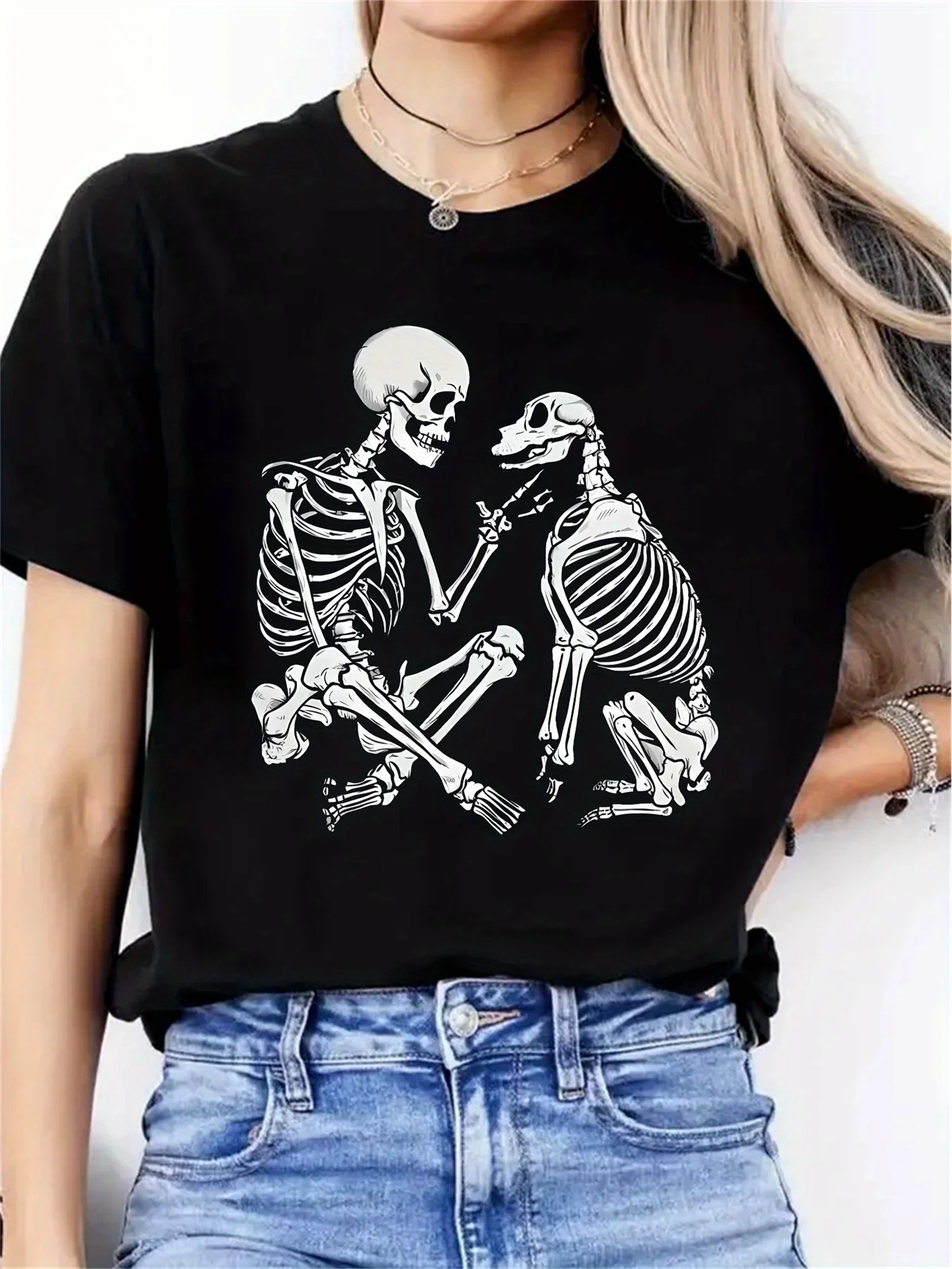 Human and Dog Skull Head T-Shirt Summer Women Tracksuit Crew Neck Tops Casual Breathable Sportswear Harajuku Fashion Streetwear