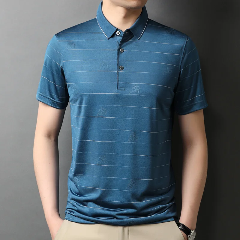 2022 Mulberry Silk Striped Men's Polo Shirts Luxury Short Sleeve Business Casual Jacquard Male T-shirts Simple Golf Man Tees