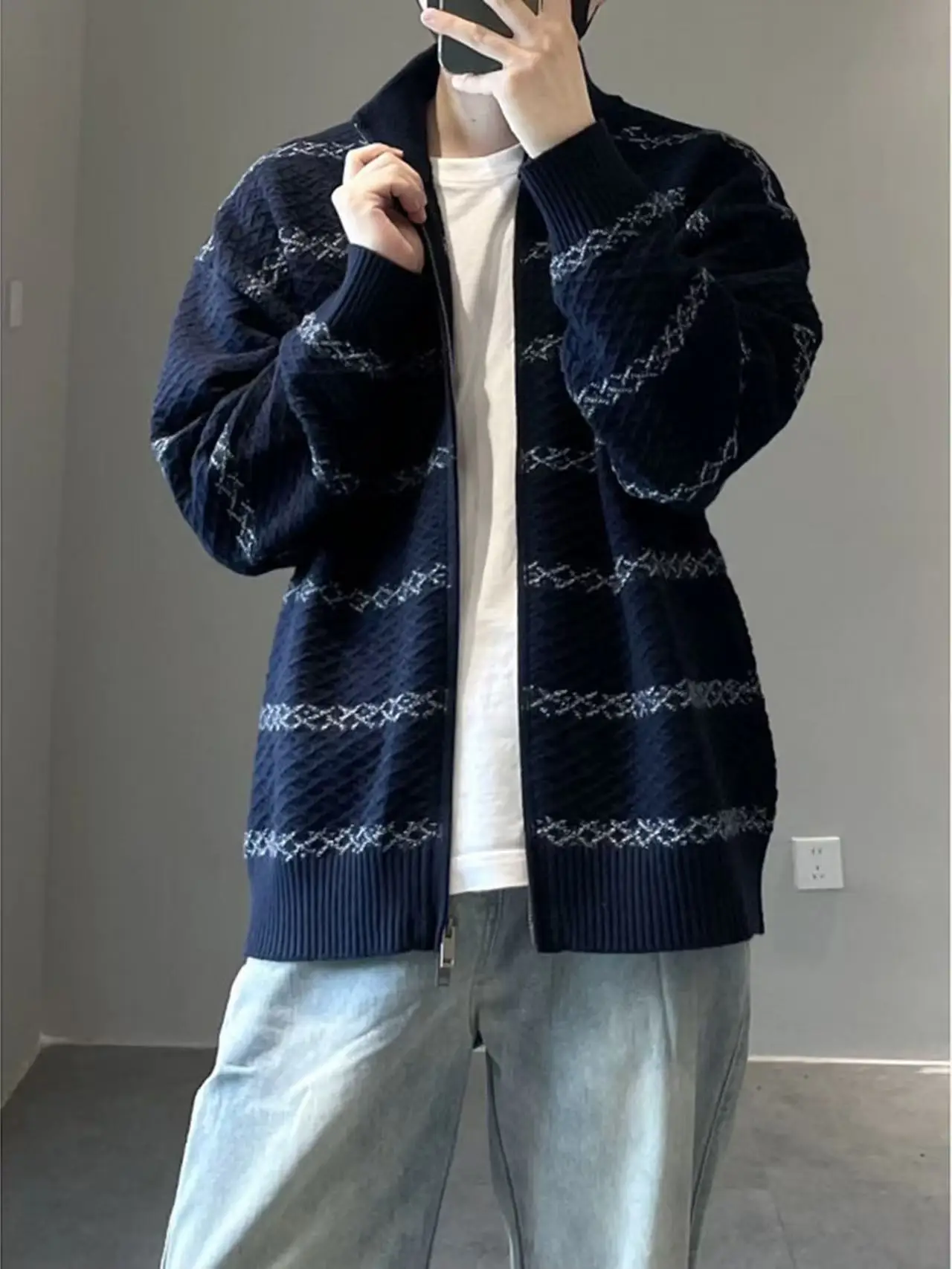 

Вязаный свитер большого размера, мужской осенне-зимний японский свитер, простой полосатый цветной блузка с воротником-стойкой, открытый кардиган, верхняя одежда