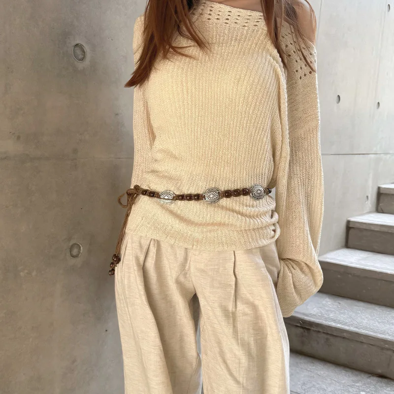 

WW woven beaded brown waist rope women's retro with skirt jeans accessories belt