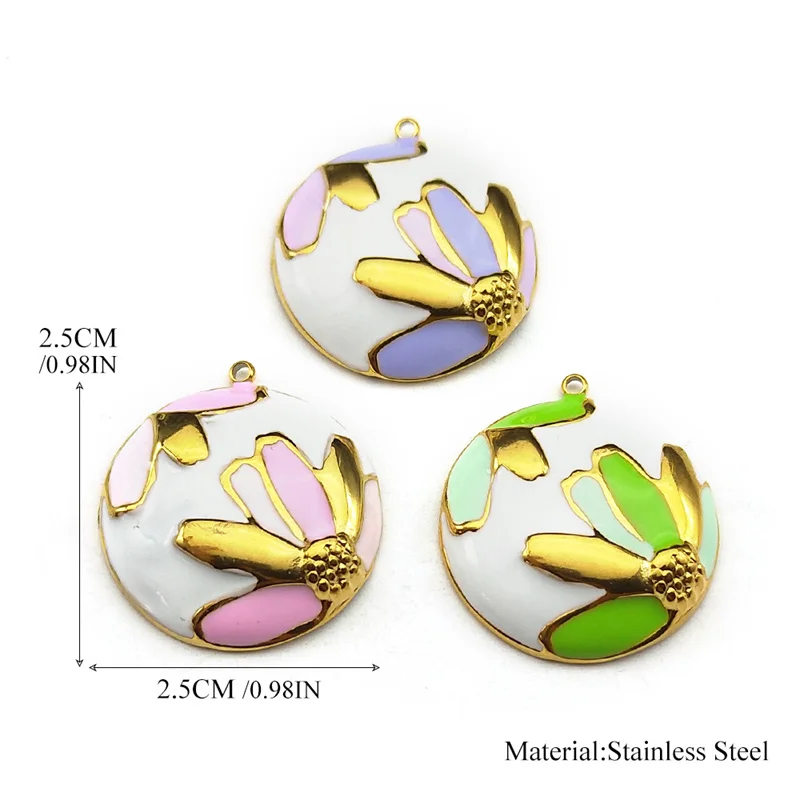 Sweet Pink Flower Pendant Girl Stainless Steel Enamel Charms Metal Earrings Bracelet Pendant Jewelry DIY Accessories ZZZ750-3