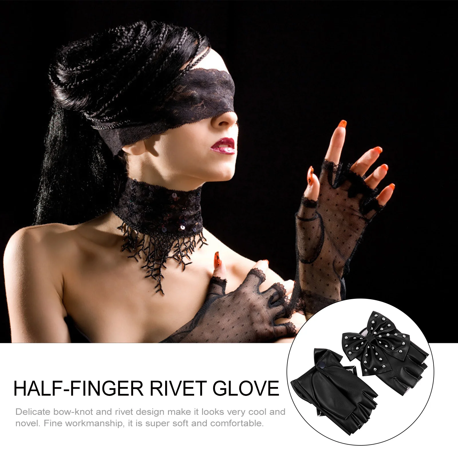 

1Pair Lady Half-Finger Glove Breathable Rivet Bow-Knot Detail Unique Fashion Design Ideal Gift for Holiday Party Stage