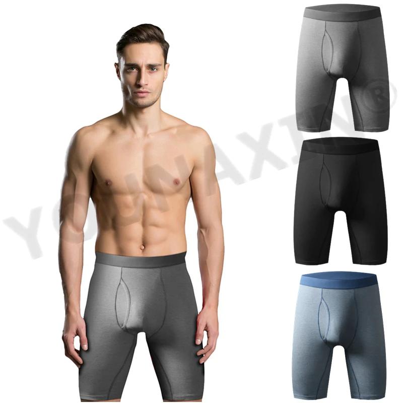 Underwear Men\'s Long Boxer Briefs Cotton Boxershorts Panties Soild Color Undies Sports Underpants